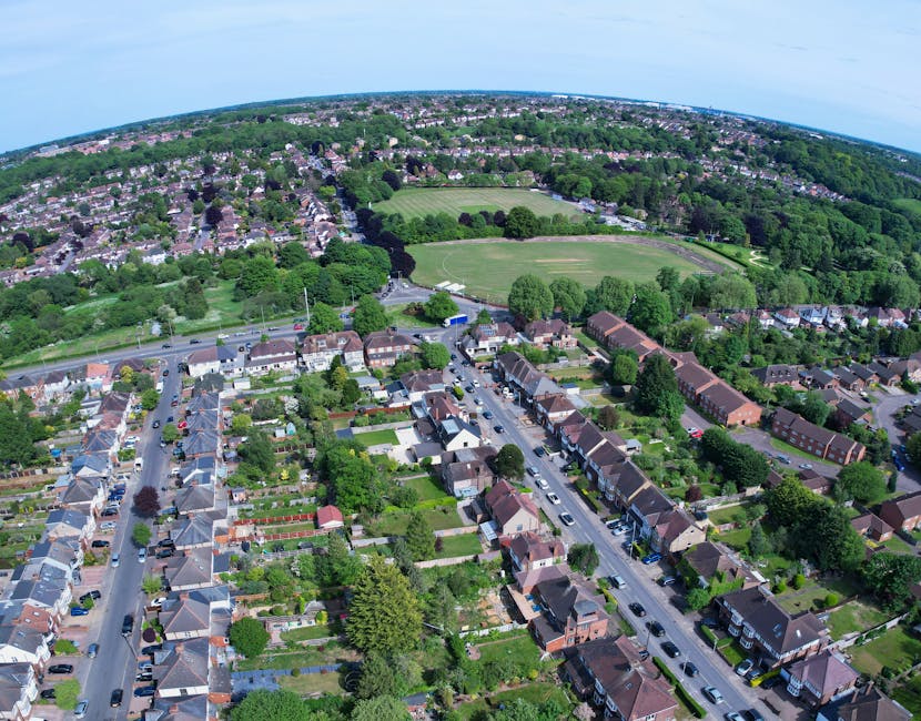 An aerial view of a residential street with a row of terraced houses featuring tiled roofs and small front gardens. Behind the houses, there are numerous backyards and garden spaces, some with lush gr